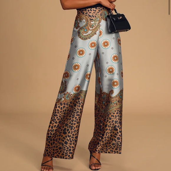 Lulus Pants - Island Getaway Blue Multi Scarf Print Satin Wide-Leg Pants